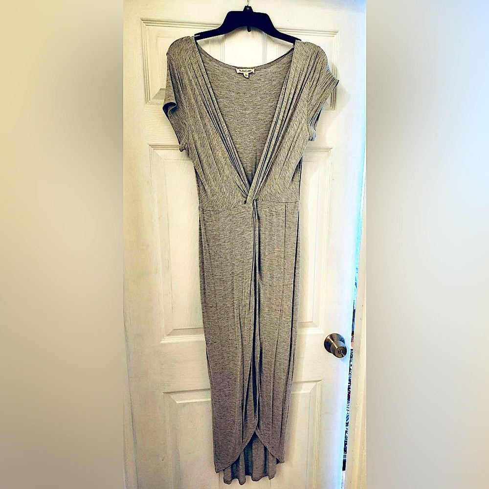 Rolla coster grey dress deep v-neck and draped front skirt L